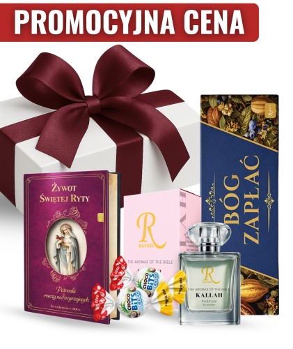  Zestaw prezentowy na Dzień Matki (perfumy Kallah 50 ml + książka "Żywot Świętej Ryty" + czekolada Bóg zapłać)