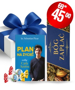 Zestaw prezentowy na Dzień Dziecka (książka "Plan na życie! według Karla Acutisa" oraz czekolada "Bóg Zapłać")